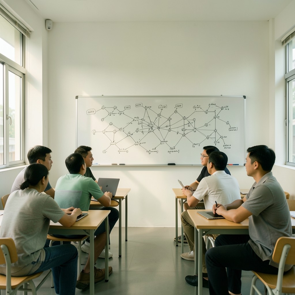 Engineering students reviewing distributed system diagrams in a bright classroom studio