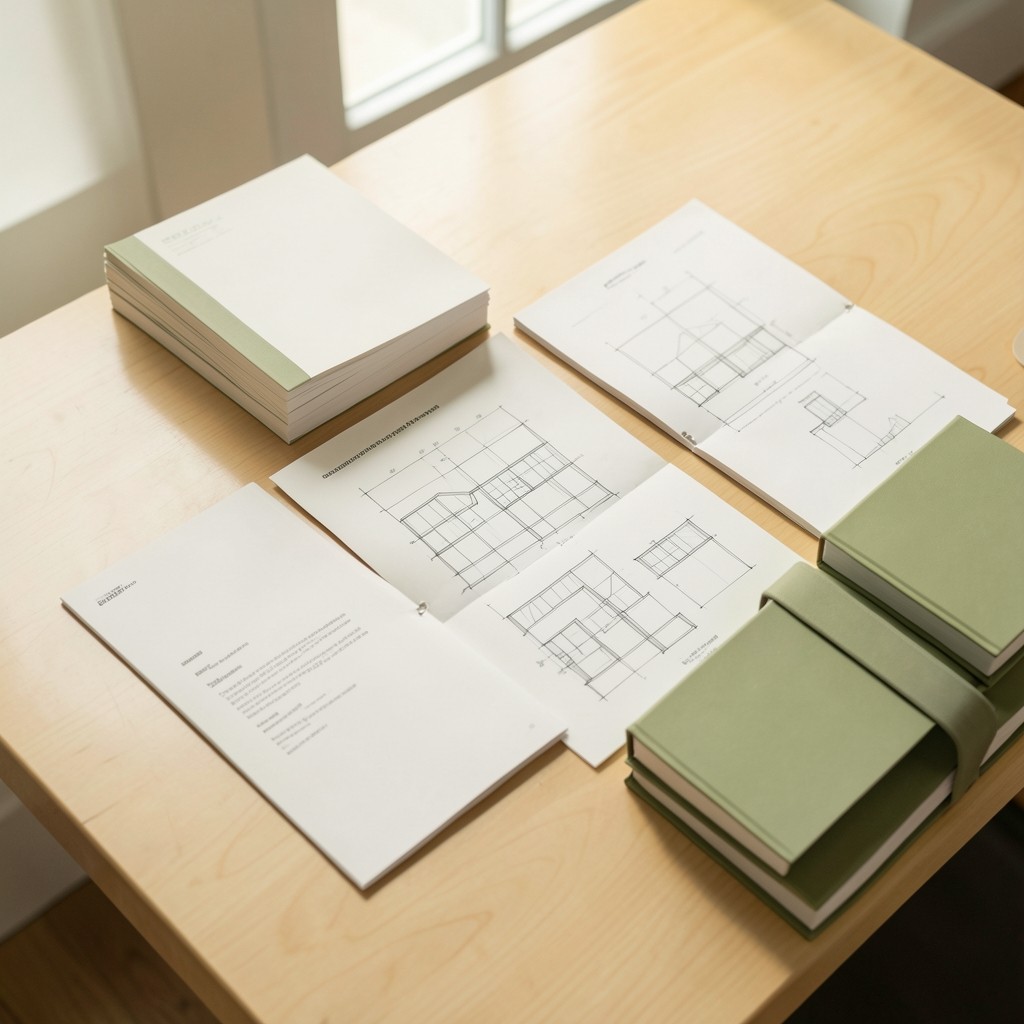 Printed portfolio pages showing tokenization project documentation spread on a desk