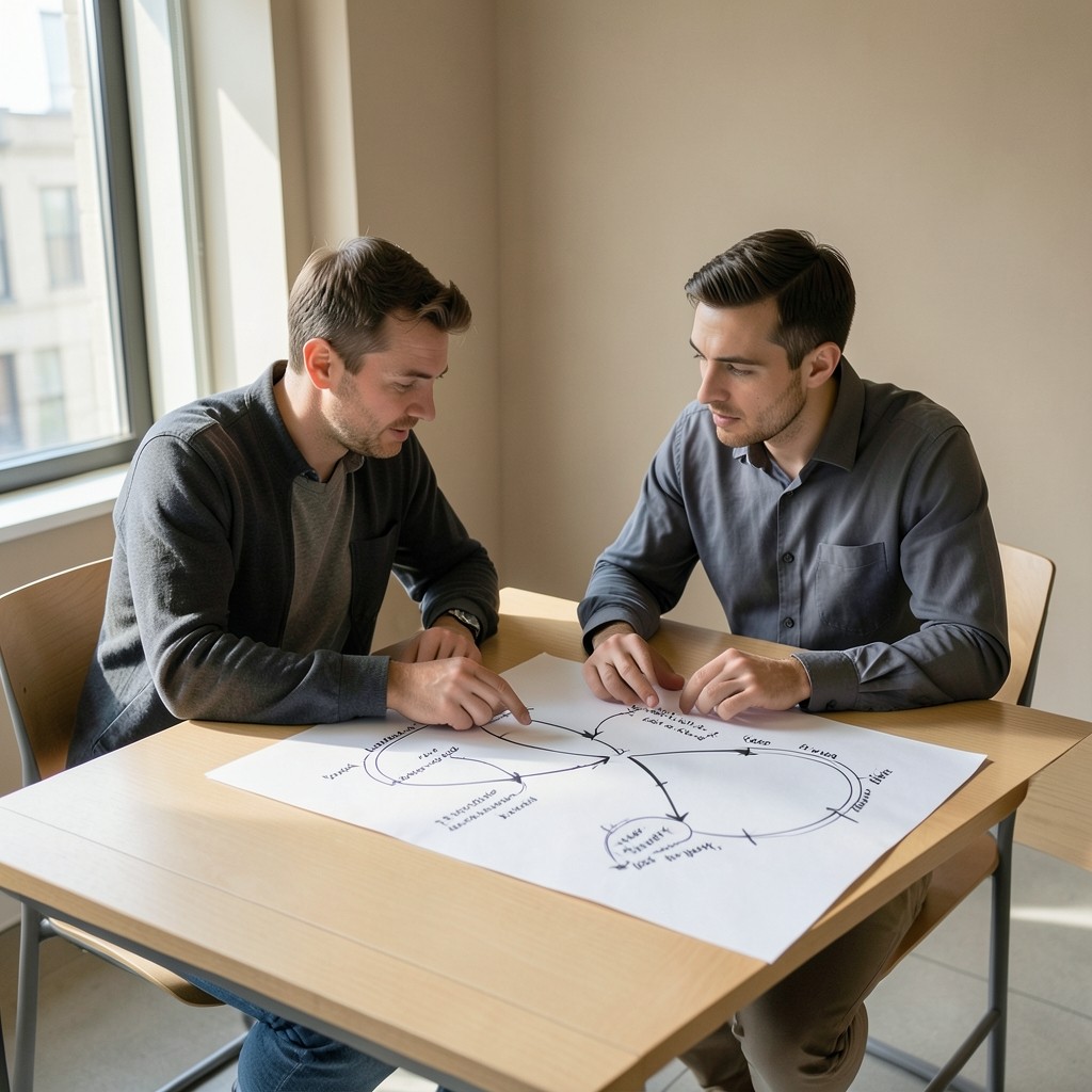 Engineers discussing cross-chain connection diagrams at a shared desk