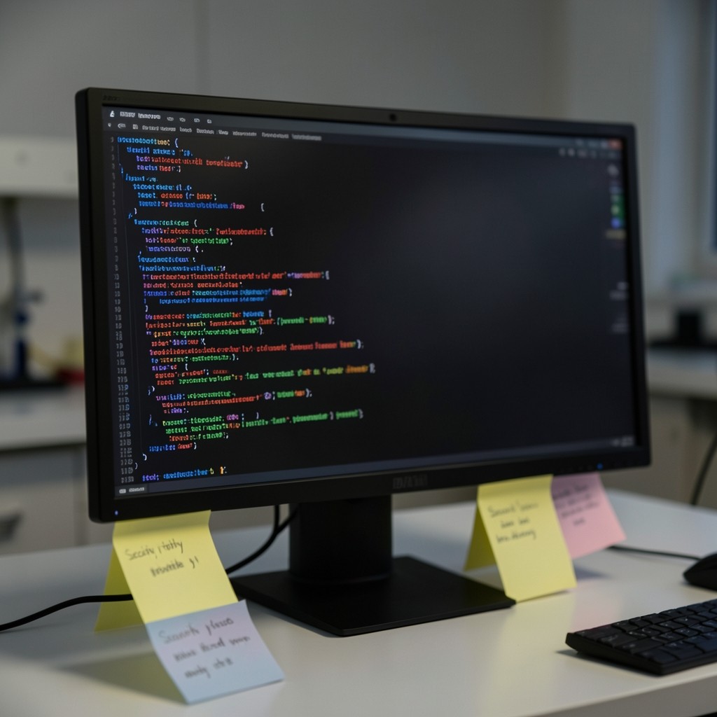 Close-up of annotated source code on a monitor with security notes