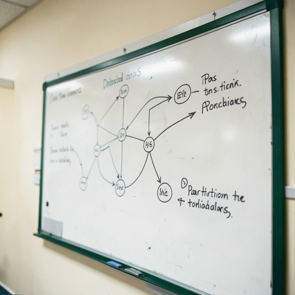 Whiteboard covered with layered system architecture sketches